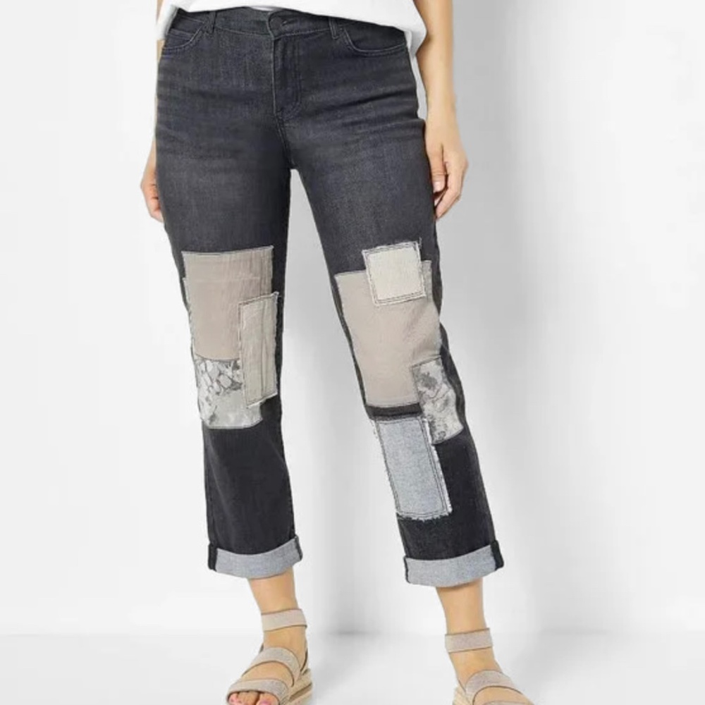 LOGO by Lori Goldstein - Patchwork Boyfriend Slim Leg Gray Jeans - 20 Petite